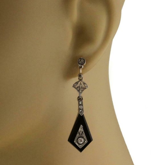 Art Deco European Cut Diamond Platinum 18kEarrings - Picture 2 of 5